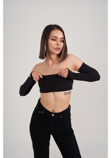 Kadın Siyah Straplez Crop Kol Detaylı Noir Bluz modelleri