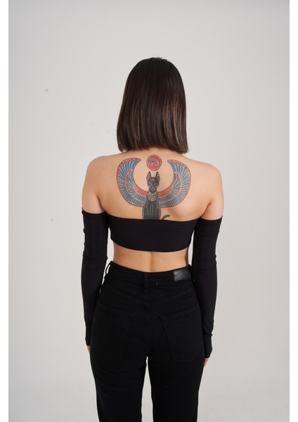 Kadın Siyah Straplez Crop Kol Detaylı Noir Bluz fırsatları