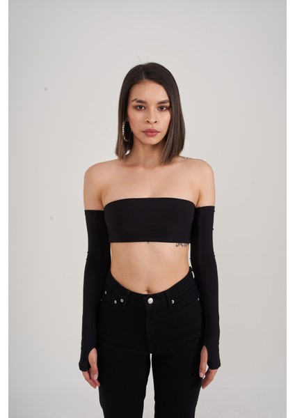 Kadın Siyah Straplez Crop Kol Detaylı Noir Bluz indirimleri