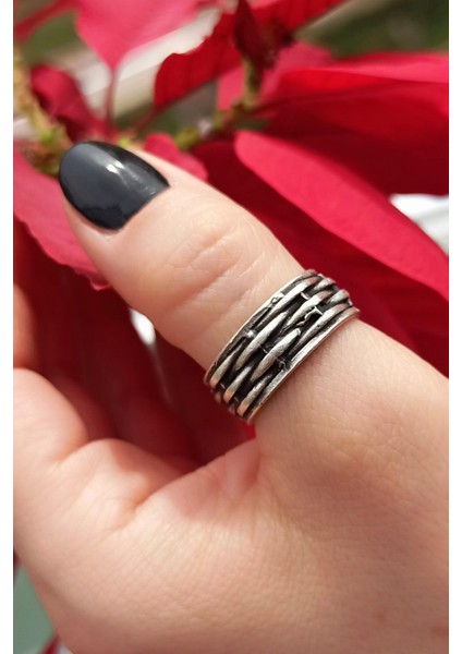 Antik Gümüş Kaplama Çizgi Şekilli El Yapımı Ayarlanabilir Erkek Yüzük