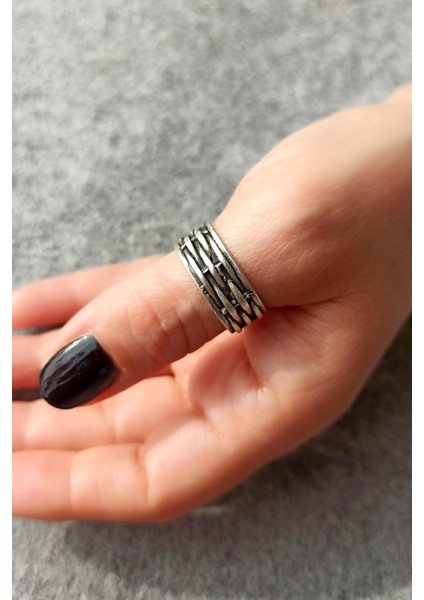 Antik Gümüş Kaplama Çizgi Şekilli El Yapımı Ayarlanabilir Erkek Yüzük modelleri