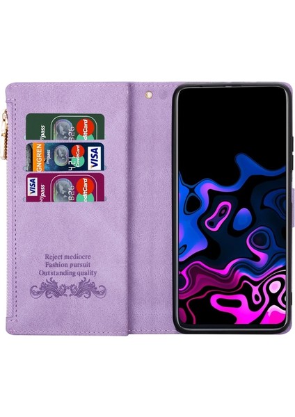 Galaxy S22 Için Fermuarlı Çizgi Baskılı Pu Deri Standlı Kayışlı Telefon Kılıfı - Mor (Yurt Dışından)