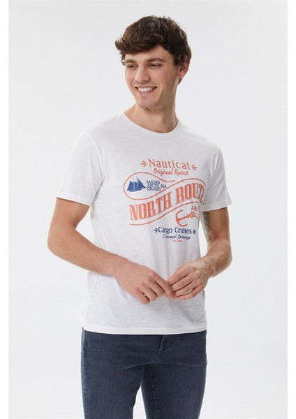 222 Lcm 242035 Merlin Off White Bisiklet Yaka Slim Fit Baskılı Kırık Beyaz Erkek T-Shirt