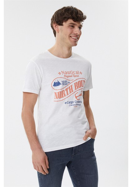 222 Lcm 242035 Merlin Off White Bisiklet Yaka Slim Fit Baskılı Kırık Beyaz Erkek T-Shirt modelleri