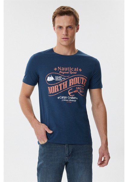 222 Lcm 242035 Merlin Bisiklet Yaka Slim Fit Baskılı Açık LacivertErkek T-Shirt