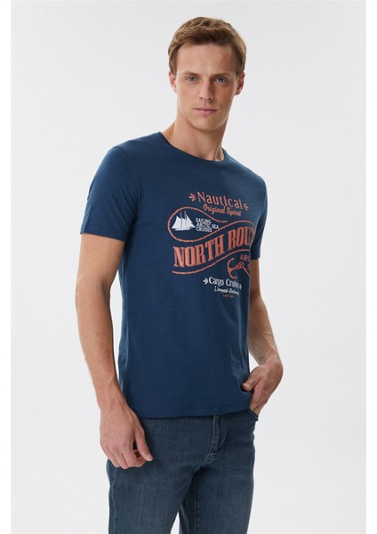 222 Lcm 242035 Merlin Bisiklet Yaka Slim Fit Baskılı Açık LacivertErkek T-Shirt modelleri