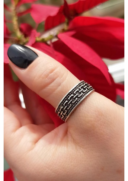 Antik Gümüş Kaplama Zincir Motifi Şekilli El Yapımı Ayarlanabilir Erkek Yüzük