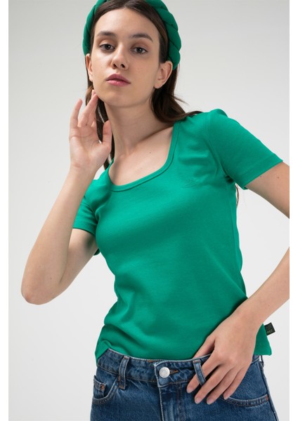 U Yaka Kadın Kısa Kollu Ribana T-Shirt