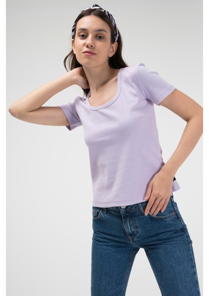 U Yaka Kadın Kısa Kollu Ribana T-Shirt