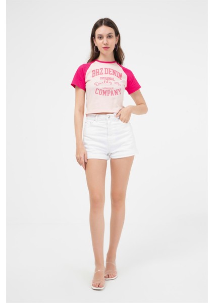 Regran Kollu Kontrast Renkli Baskılı Kısa Kol Crop Kadın T-Shirt fiyatları