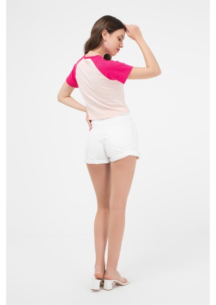 Regran Kollu Kontrast Renkli Baskılı Kısa Kol Crop Kadın T-Shirt modelleri
