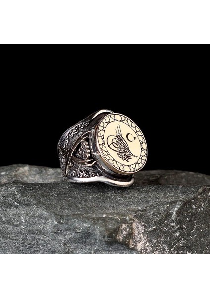 Osmanlı Tuğra Motifli Usta Işi 925 Ayar Gümüş Erkek Yüzük