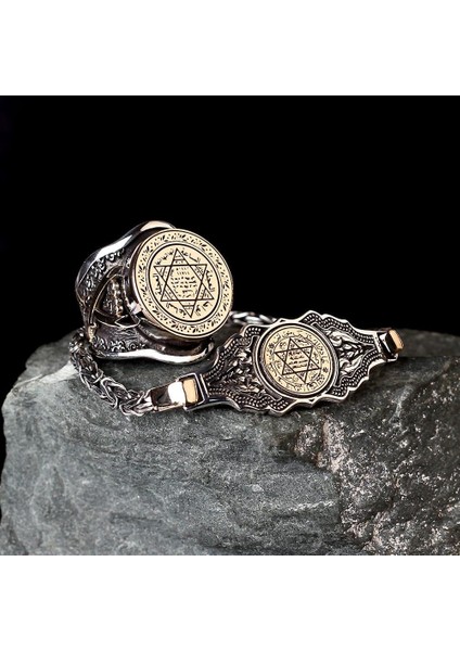 925 Ayar Gümüş Mührü Süleyman Yüzük Kral Bileklik Set