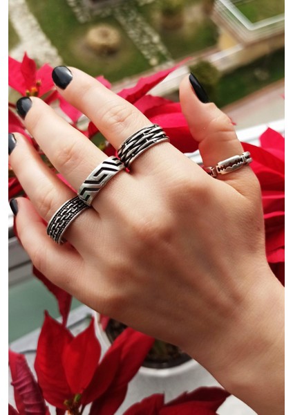 Antik Gümüş Kaplama Jilet - Zincir - Çizgi - Geometrik Şekilli El Yapımı Ayarlanabilir Erkek Yüzük Seti fiyatları