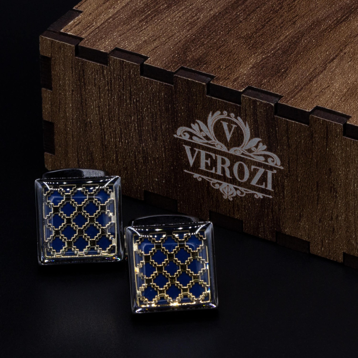 Verozi Kol Düğmesi - Kare Koyu Gri Desenli Lacivert Taşlı - Kdkdmag görsel 4