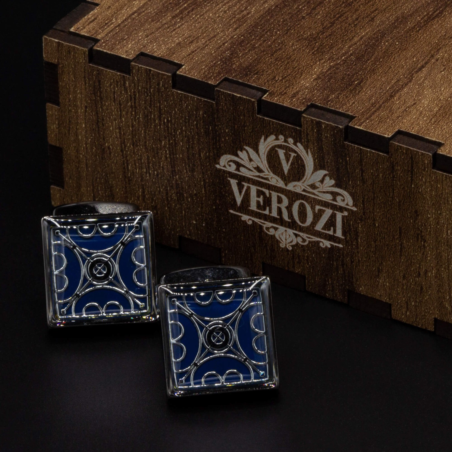 Verozi Kol Düğmesi - Kare Koyu Gri Desenli Mavi Taşlı - Kdkdmgf görsel 3