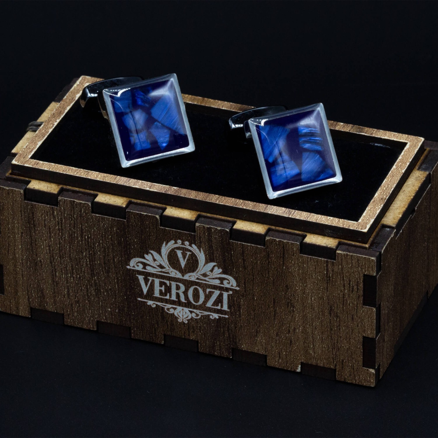 Verozi Kol Düğmesi - Kare Koyu Gri Desenli - Mavi Taşlı - Kdkpdmmf görsel 3