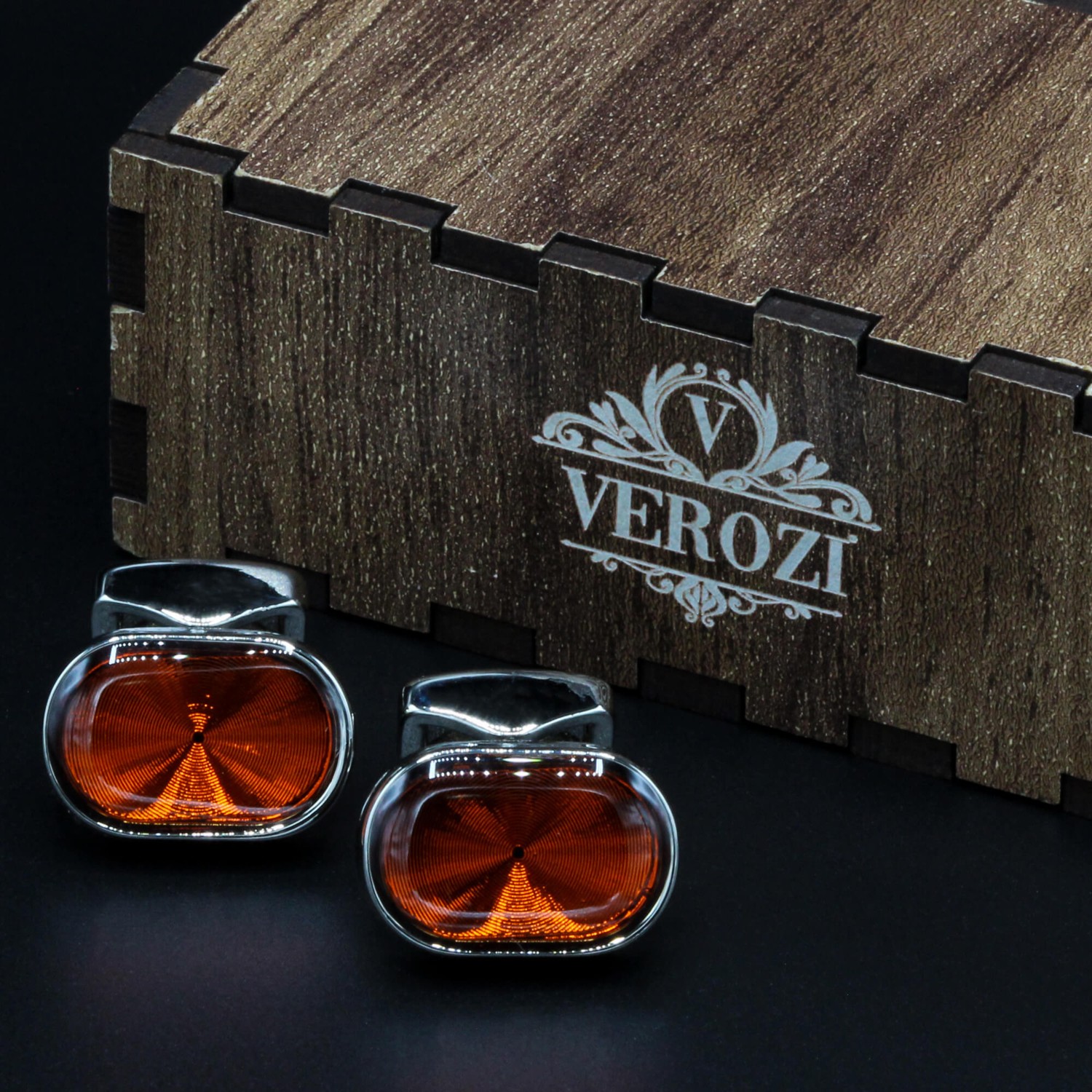 Verozi Kol Düğmesi - Oval Turuncu Cam Taşlı Gümüş Renkli Gövde - Kdoctg görsel 4