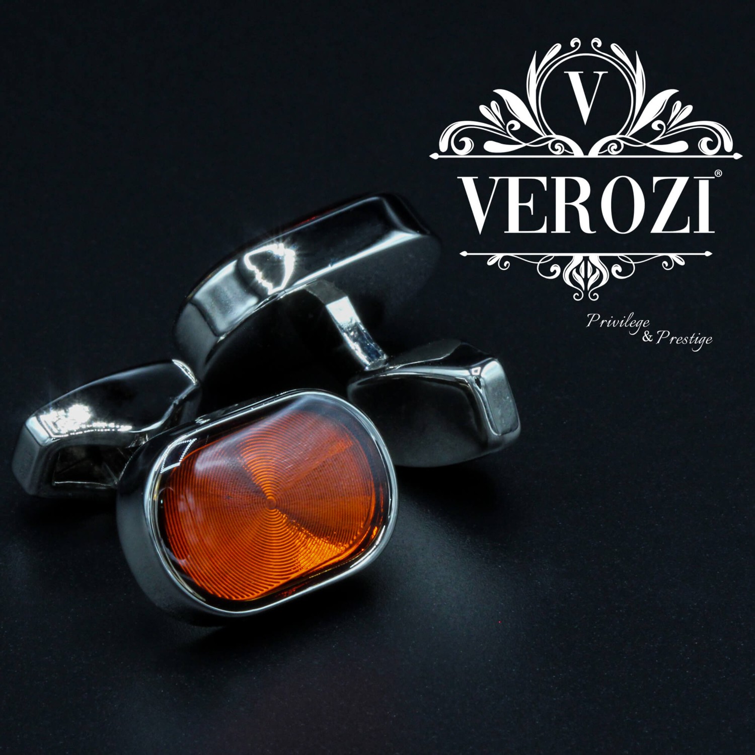 Verozi Kol Düğmesi - Oval Turuncu Cam Taşlı Gümüş Renkli Gövde - Kdoctg görsel 5