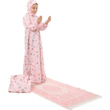 Kız Çocuk Namaz Elbisesi Çantalı ve Seccadeli Pembe Renkli Yıldız Desenli 877P