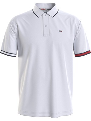 Tommy Jeans Polo Yaka  Slim Fit Düz Beyaz Erkek Polo T-Shirt  -  D0DMM12963-YBR_TJM Reg Flag Cuffs P