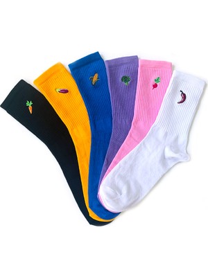 Socks Stations Desenli Çorap ve Renkli Çorap Kutusu Patik Çorap-Nakışlı Çorap-Meyveli Çorap 6'lı Çorap Seti