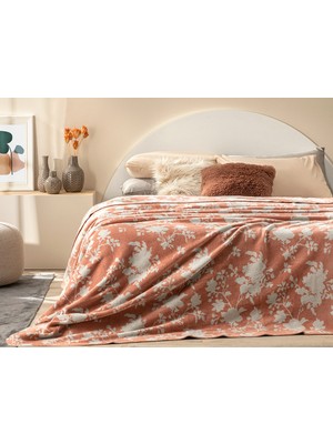 English Home Shade Garden Pamuklu Çift Kişilik Battaniye 200 x 220 cm Terracota - Bej