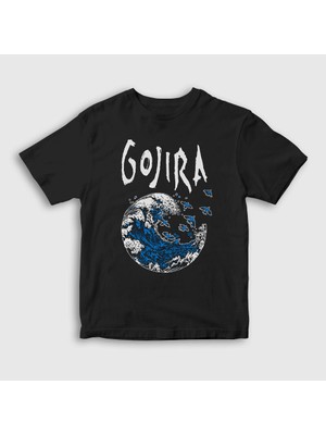 Presmono Unisex Çocuk Siyah Kanagawa Wave Gojira T-Shirt