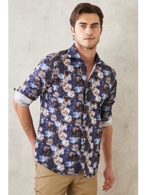 Altınyıldız Classics Erkek Lacivert Slim Fit Dar Kesim Italyan Yaka Baskılı Gömlek