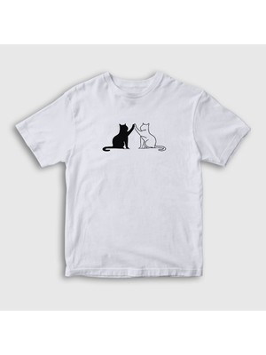 Presmono Unisex Çocuk Beyaz Black And White Cats Kedi T-Shirt