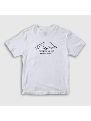 Presmono Unisex Çocuk Beyaz Overthinking Cat Kedi T-Shirt