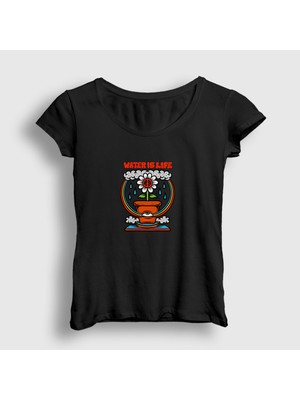 Presmono Kadın Siyah Water Is Life Çiçek T-Shirt