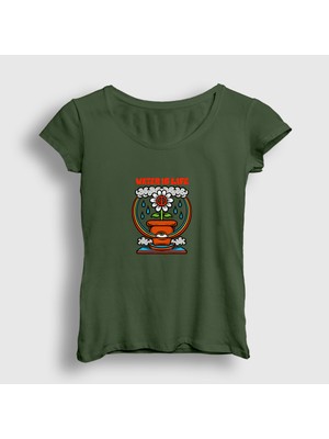 Presmono Kadın Haki Water Is Life Çiçek T-Shirt