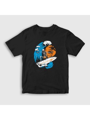 Presmono Unisex Çocuk Siyah Surfer Skeleton T-Shirt
