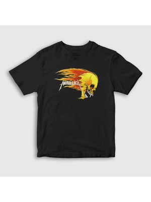 Presmono Unisex Çocuk Siyah Fire Metallica T-Shirt