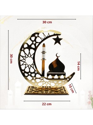 Süsle Bebek ve Parti Ramazan Dekoratif Altın Pleksi Hilal ve Cami, 30cm x 30cm