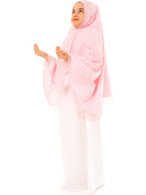 Kız Çocuk Namaz Elbisesi Pembe Renkli Yıldız Desenli Dantel Detaylı 983P