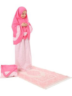 Kız Çocuk Namaz Elbisesi Çantalı ve Seccadeli Pembe Renkli Küçük Yıldız Desenli 920P
