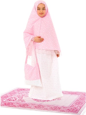 Kız Çocuk Namaz Elbisesi Çantalı ve Seccadeli Pembe Renkli Küçük Yıldız Desenli 885P