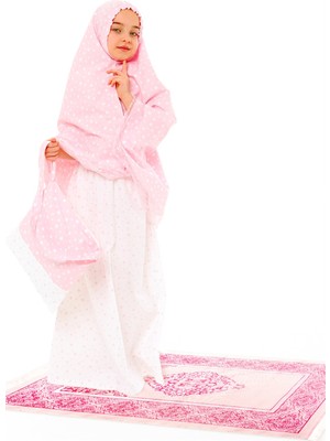 Kız Çocuk Namaz Elbisesi Çantalı ve Seccadeli Pembe Renkli Küçük Yıldız Desenli 885P
