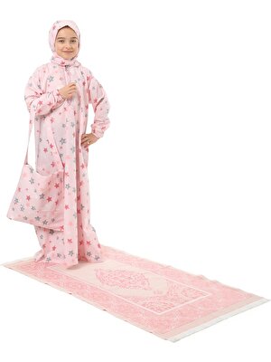 Kız Çocuk Namaz Elbisesi Çantalı ve Seccadeli Pembe Renkli Yıldız Desenli 877P