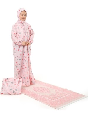 Kız Çocuk Namaz Elbisesi Çantalı ve Seccadeli Pembe Renkli Yıldız Desenli 877P