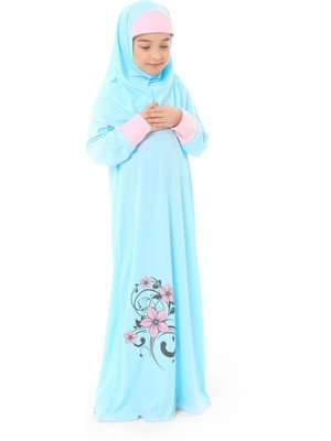 Kız Çocuk Namaz Elbisesi Mavi Renkli Çiçek Desenli 100M