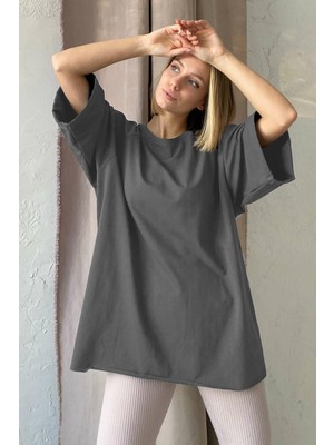 Madmext Antrasit Oversize Basic Kadın Tişört