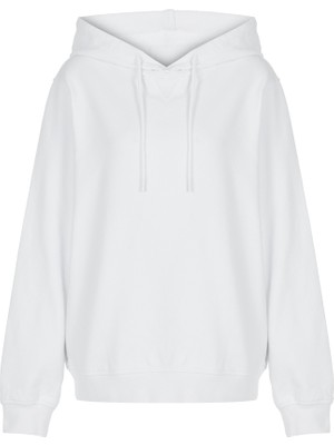 White&Simple Kadın Beyaz Pamuklu Unisex Kapüşonlu Sweatshirt Hoodie