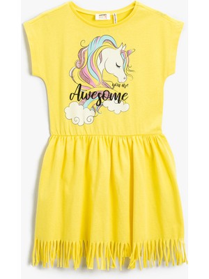 Koton Kız Çocuk Püsküllü Unicorn Baskılı Kısa Kollu Elbise Bisiklet Yaka Pamuklu