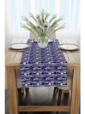 Cango Home Lacivert Bej Marin Temalı Balık Desenli Dijital Baskılı Runner CGH634