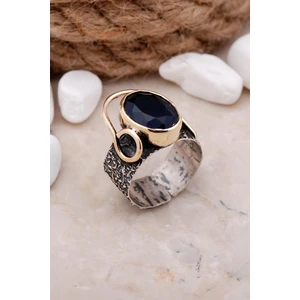 Sümer Telkari Safir Taşlı Çekiç Dövme Elişi Gümüş Yüzük 3323