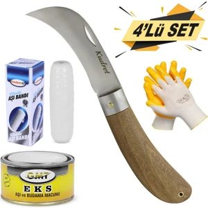 Aşı Bıçağı Eğri Uçlu Bağ Bıçağı Ara Çakı + Aşı Bandı + Aşı Macunu + Eldiven (4'lü Set)