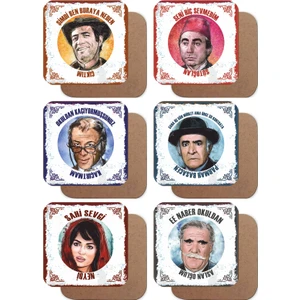 Hayat Poster Yeşilçam  Türk Sineması Replikleri -3- Set 6lı Retro Ahşap Bardak Altlığı Seti